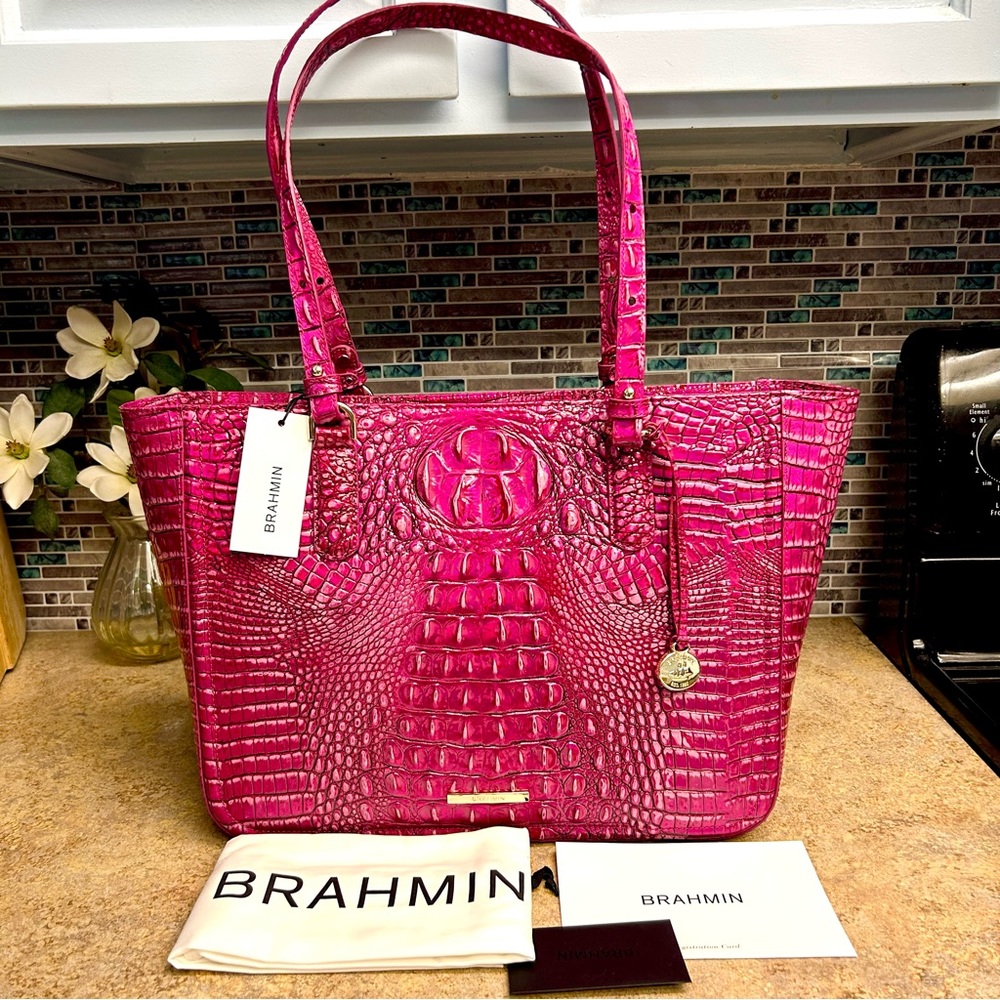Brahmin Hot Pink Croc-Embossed Leather Tote